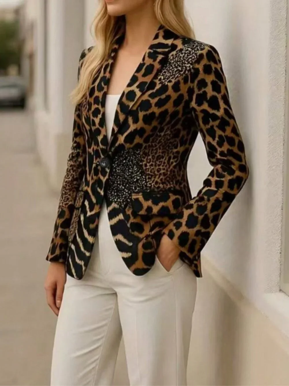 Brown Elegant Women's Leopard All-Over Regular Fit Blazer